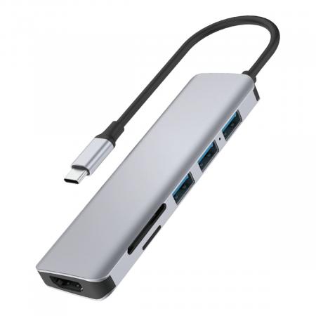USB Хаб WiWU Alpha 731 HC 7в1 Type C на 3xUSB 3.0+HDMI 4K+Type C PD 100 Вт+SD/TF (A731HC) Серый