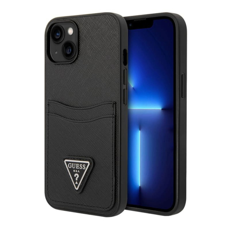 Чехол Guess для iPhone 14 Plus PU Saffiano Double cardslot Metal triangle logo Hard (GUHCP14MPSATPK) Чёрный